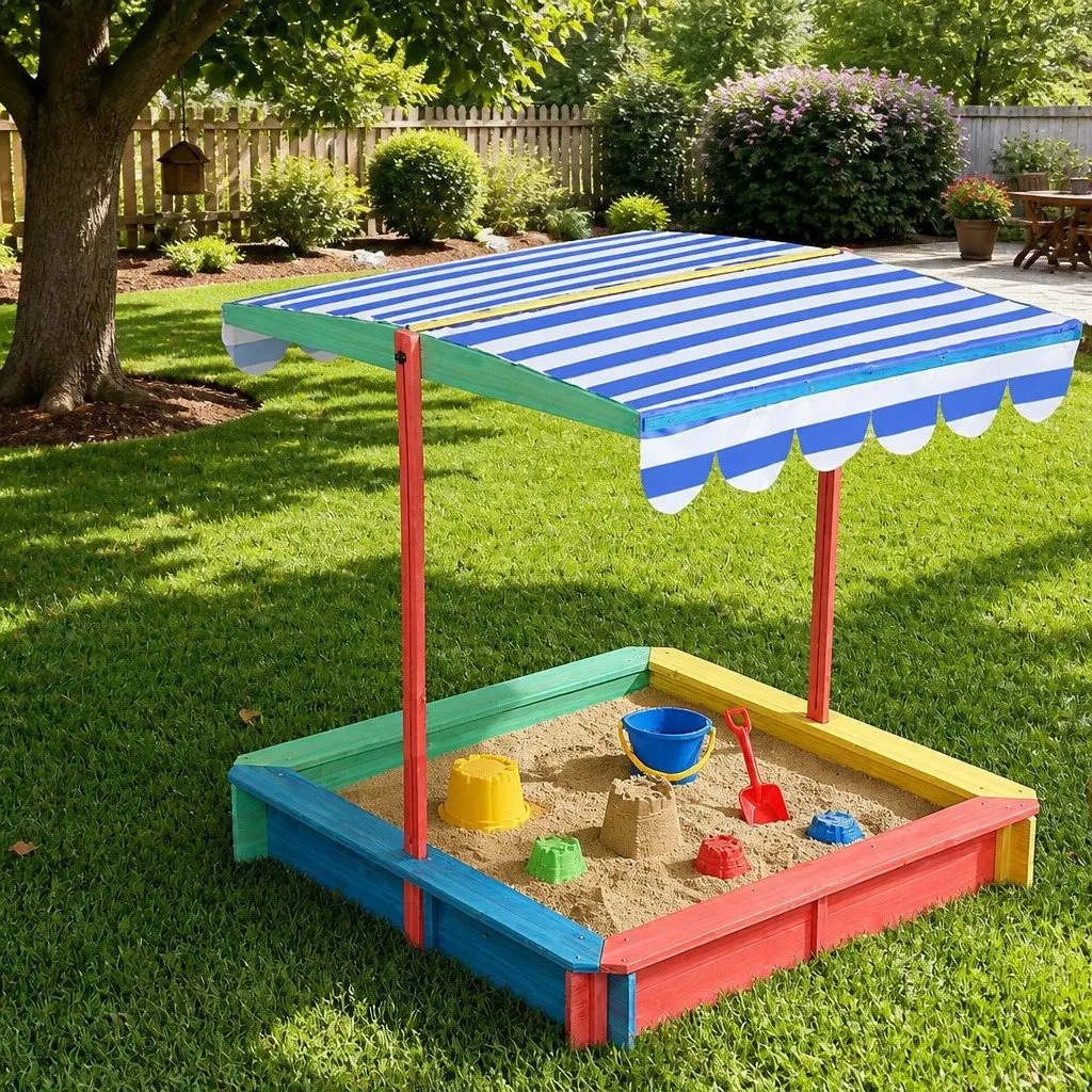 Kids Wooden Sandbox UV Resistant Canopy 120x120cm Outdoor Play Pit