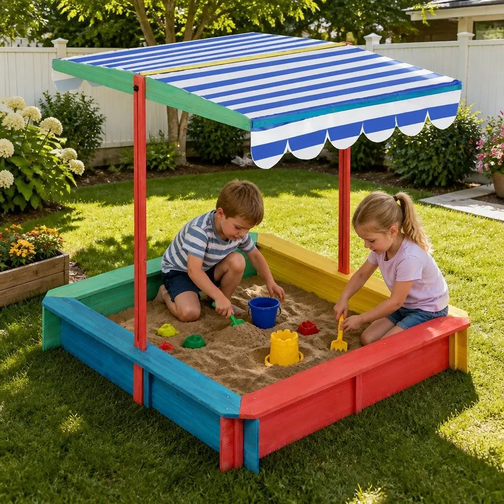 Kids Wooden Sandbox UV Resistant Canopy 120x120cm Outdoor Play Pit