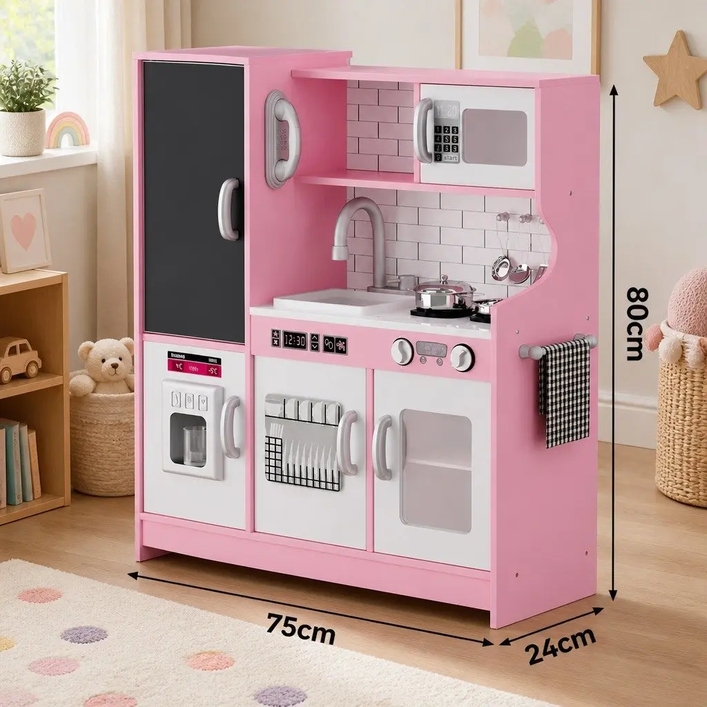 Wooden Kids Kitchen Set Pretend Play Cooking Toy with Microwave Oven Sink Stove
