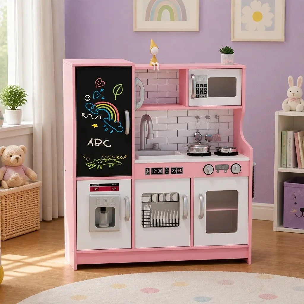 Wooden Kids Kitchen Set Pretend Play Cooking Toy with Microwave Oven Sink Stove