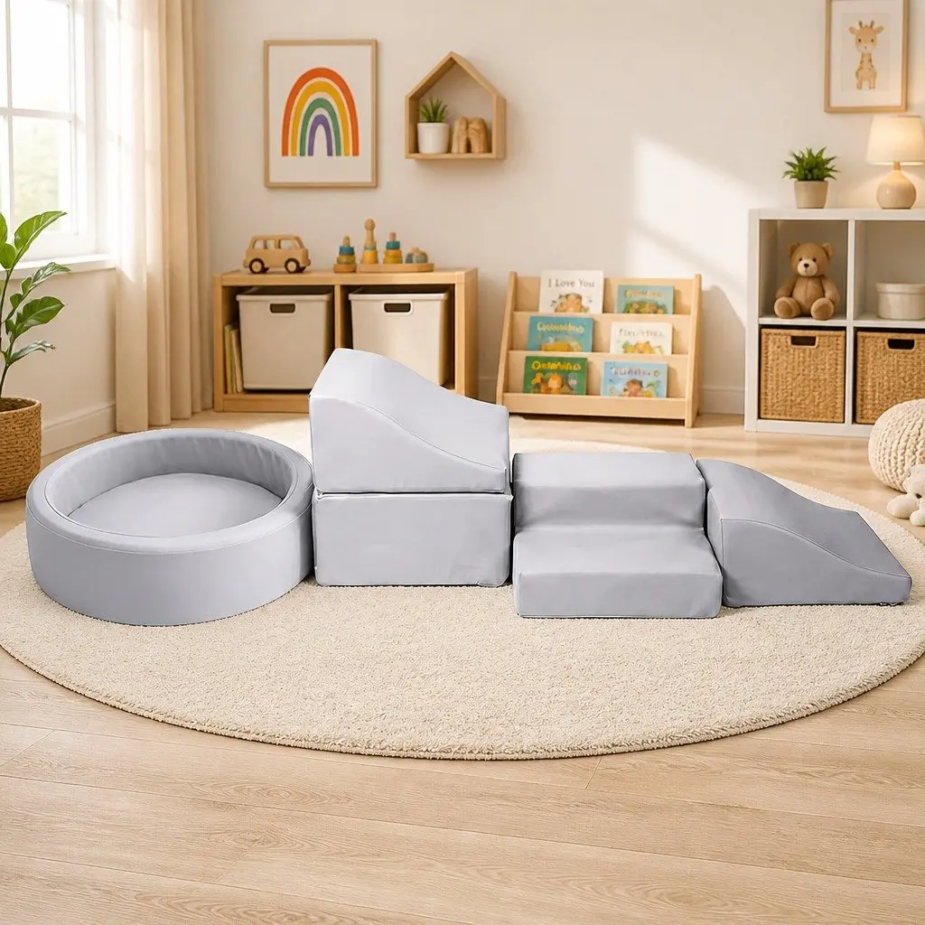 Foam Climbing Blocks Playset for Kids Indoor Fun 7 Pieces Soft Play Set Grey Encourages Balance Coordination and Imaginative Play