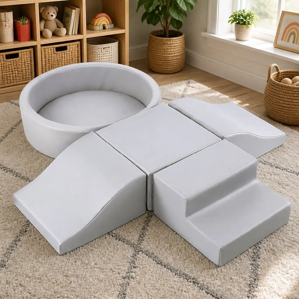 Foam Climbing Blocks Playset for Kids Indoor Fun 7 Pieces Soft Play Set Grey Encourages Balance Coordination and Imaginative Play