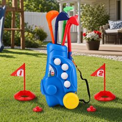 Kids Golf Set Pull Cart Clubs Balls Practice Holes Indoor Outdoor Backyard Play