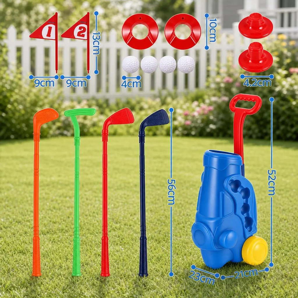 Kids Golf Set Portable Cart 4 Clubs 4 Balls 2 Practice Holes Indoor Outdoor Play