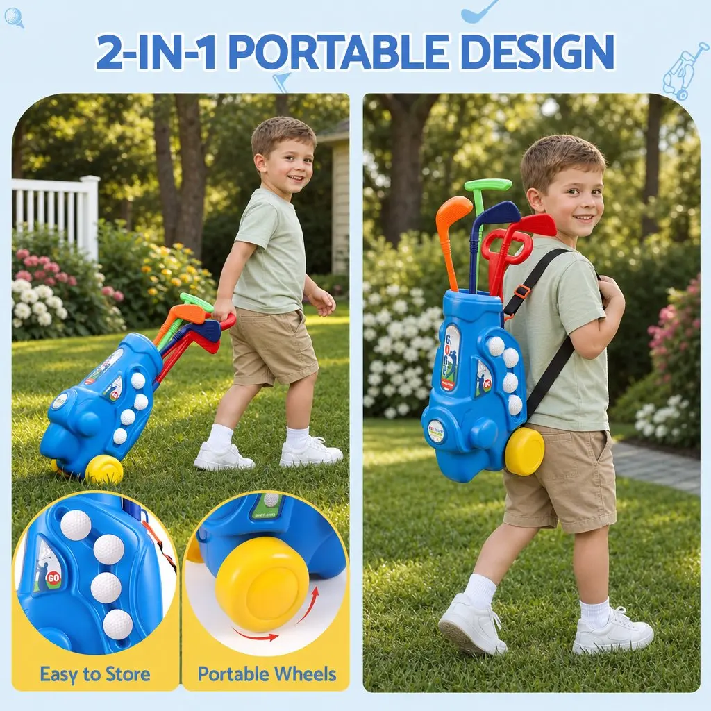 Kids Golf Set Portable Cart 4 Clubs 4 Balls 2 Practice Holes Indoor Outdoor Play