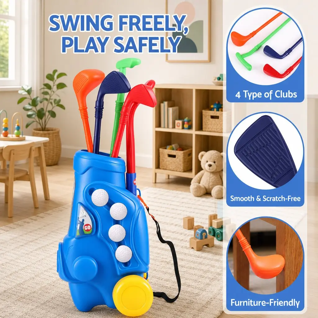 Kids Golf Set Portable Cart 4 Clubs 4 Balls 2 Practice Holes Indoor Outdoor Play