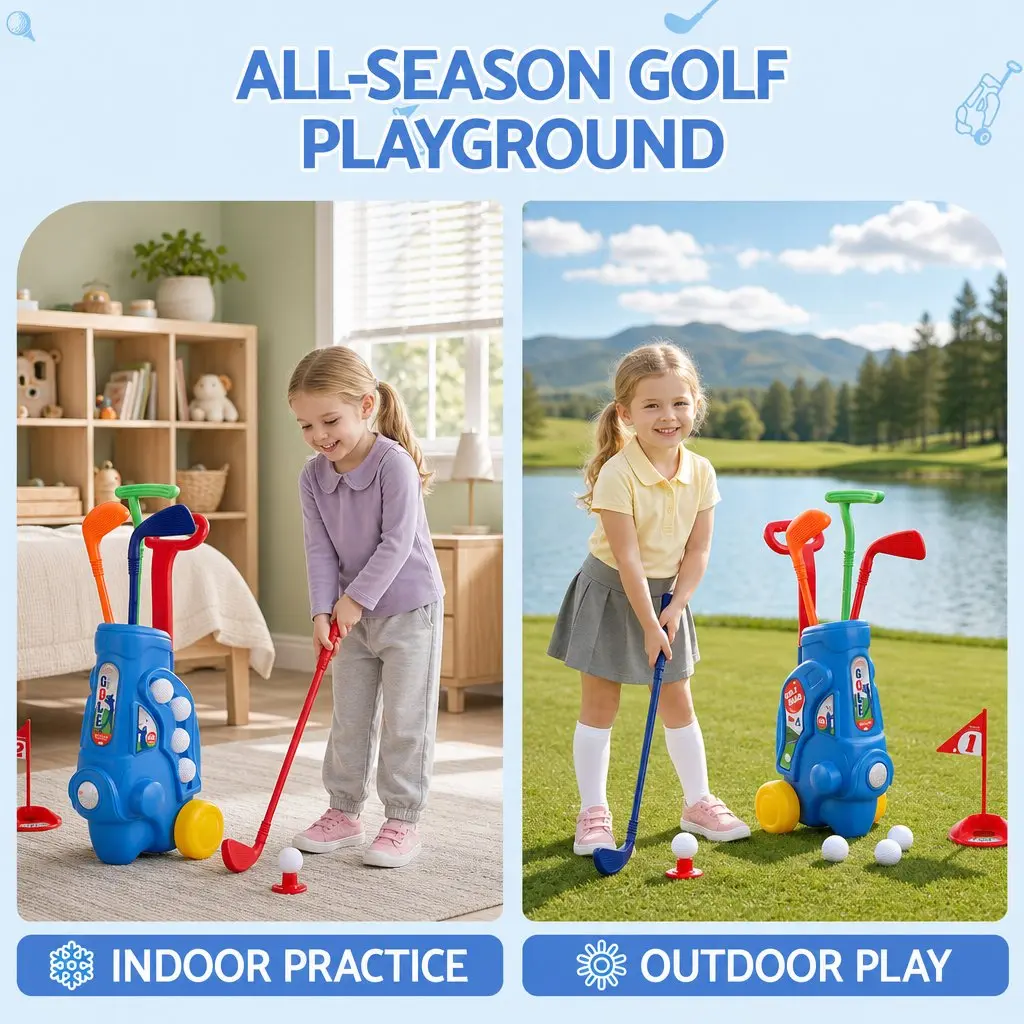 Kids Golf Set Portable Cart 4 Clubs 4 Balls 2 Practice Holes Indoor Outdoor Play