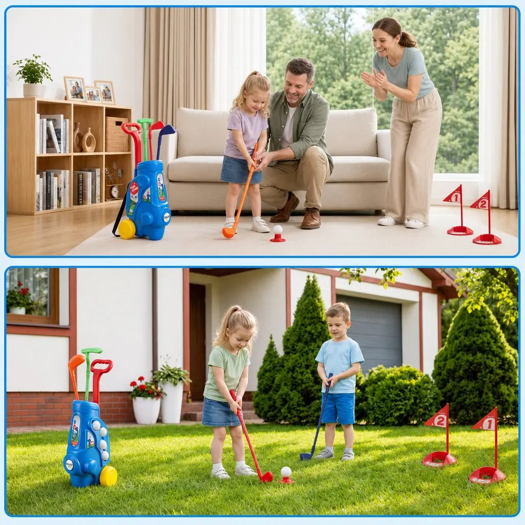 Kids Golf Set Portable Cart 4 Clubs 4 Balls 2 Practice Holes Indoor Outdoor Play