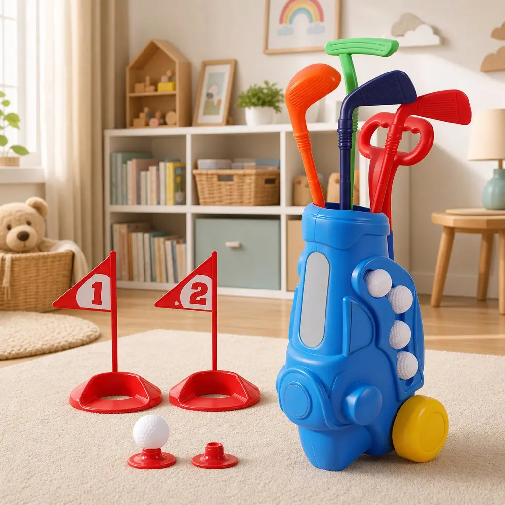 Kids Golf Set Portable Cart 4 Clubs 4 Balls 2 Practice Holes Indoor Outdoor Play