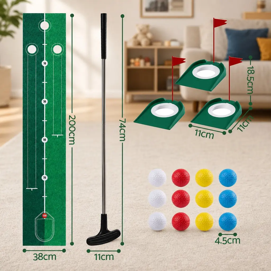 Kids Golf Putting Set Indoor Outdoor 2m Mat with Putter 12 Balls 3 Target Holes