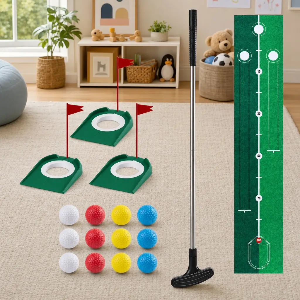 Kids Golf Putting Set Indoor Outdoor 2m Mat with Putter 12 Balls 3 Target Holes