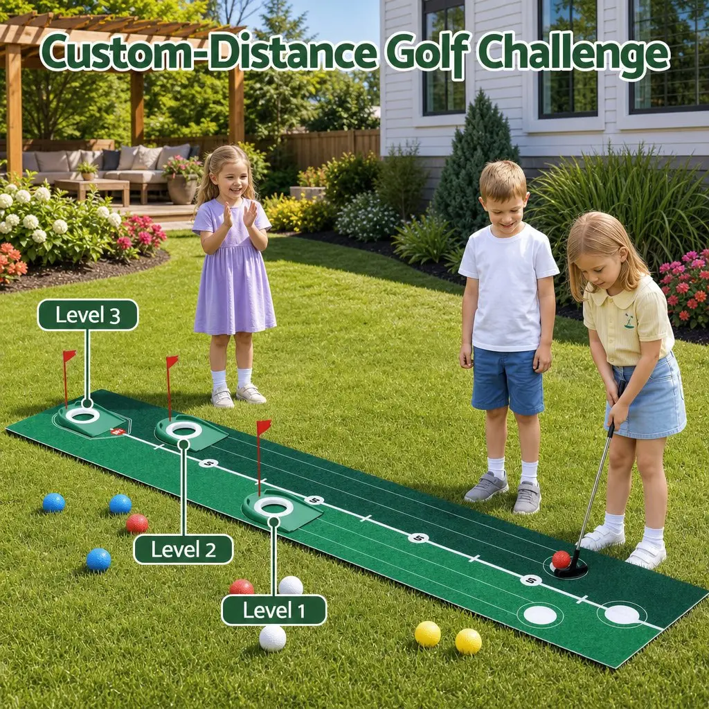 Kids Golf Putting Set Indoor Outdoor 2m Mat with Putter 12 Balls 3 Target Holes