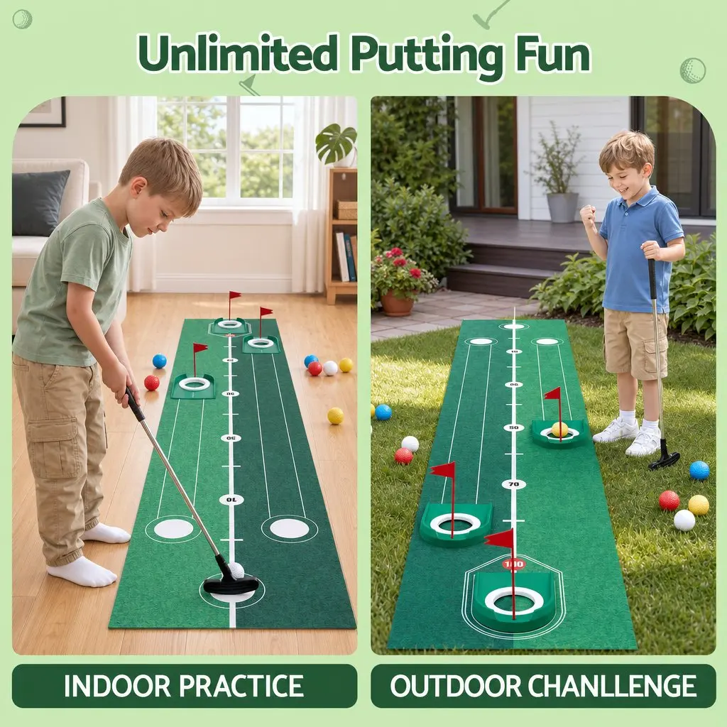 Kids Golf Putting Set Indoor Outdoor 2m Mat with Putter 12 Balls 3 Target Holes
