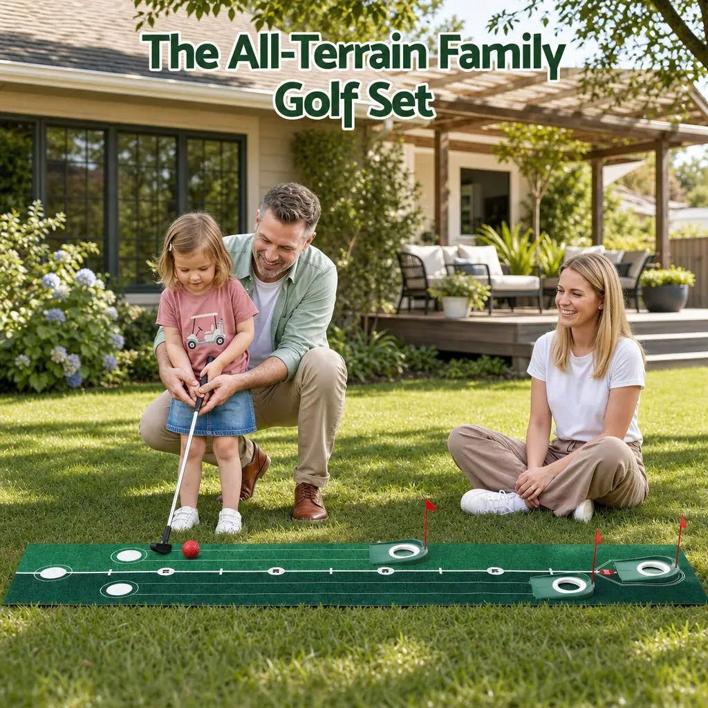 Kids Golf Putting Set Indoor Outdoor 2m Mat with Putter 12 Balls 3 Target Holes