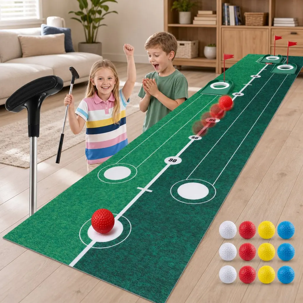 Kids Golf Putting Set Indoor Outdoor 2m Mat with Putter 12 Balls 3 Target Holes