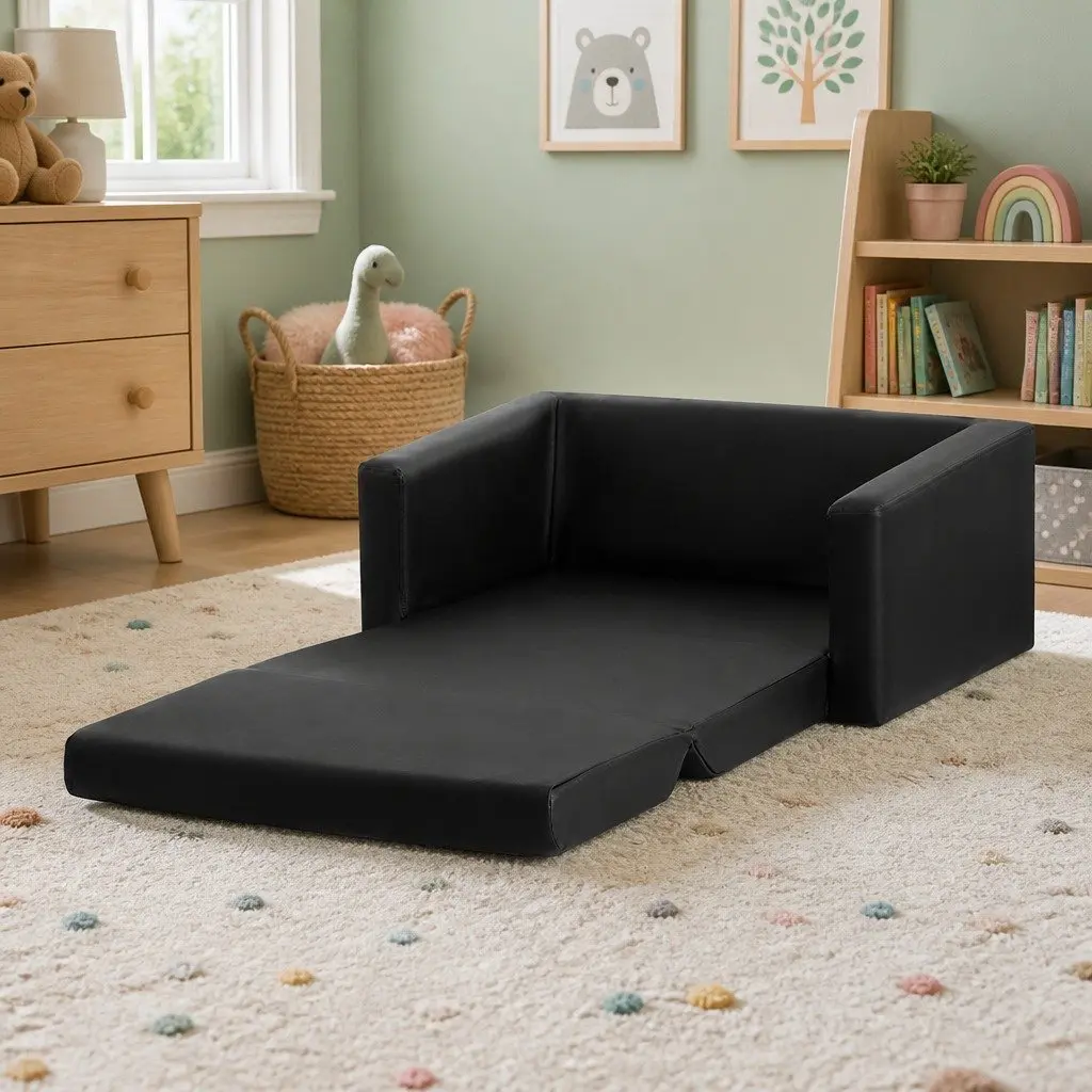 Kids Fold-Out Sofa 2 Seater Convertible Couch Armchair Lounge Chair Black