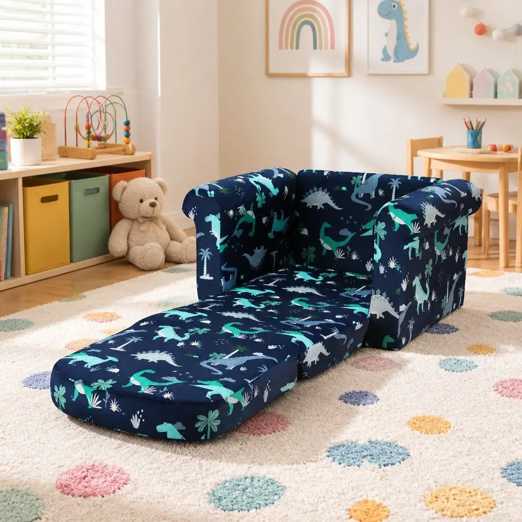Kids Sofa 1 Seater Flip Open Lounger Armchair Children Couch Navy Blue