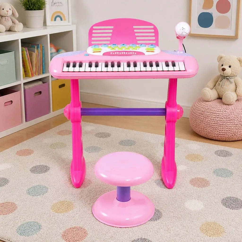 Kids Musical Keyboard 37 Keys Electronic Set with Stool and Accessories for Music Learning Pink