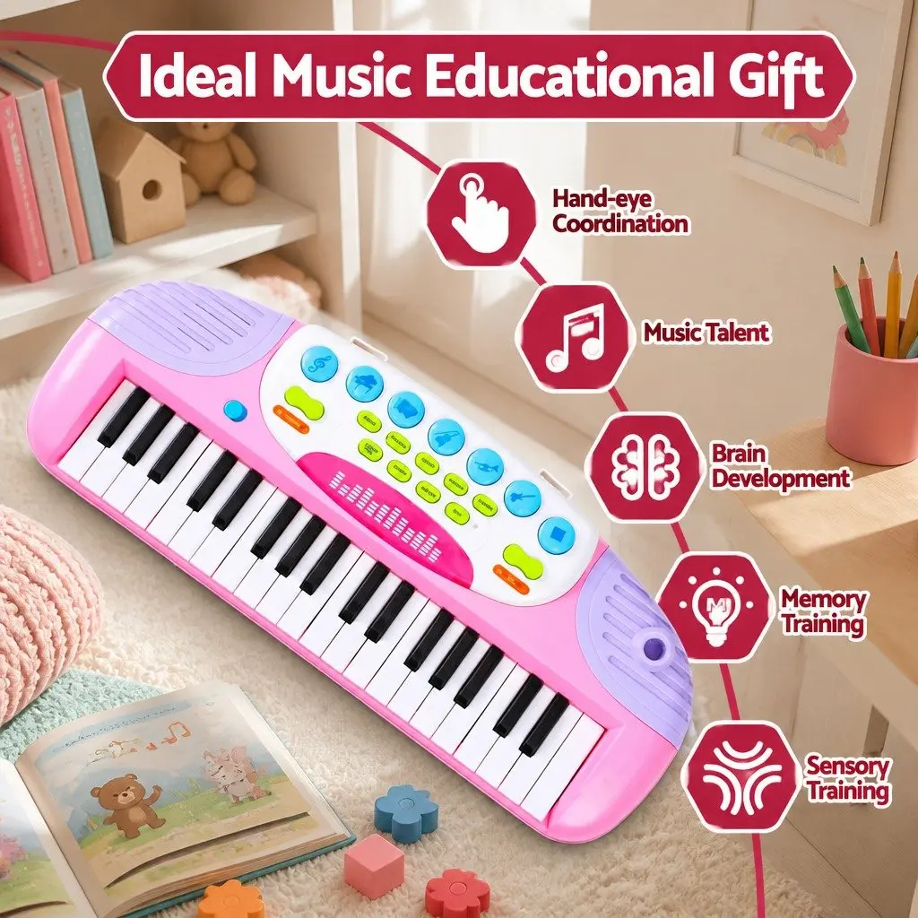 Kids Musical Keyboard 37 Keys Electronic Set with Stool and Accessories for Music Learning Pink