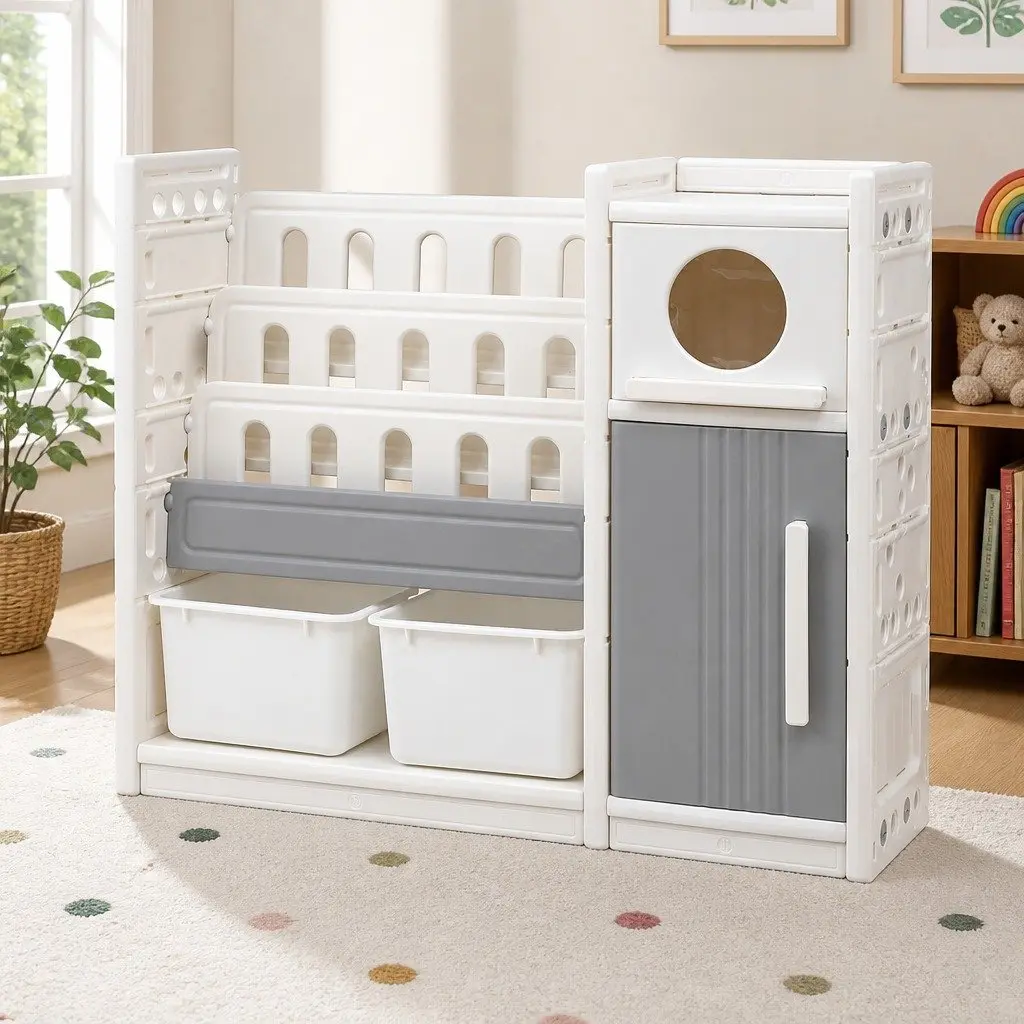 Kids Bookshelf Toy Storage Organizer 3-Tier Shelves Removable Bins Cabinet Doors 115 x 31.5 x 97 cm