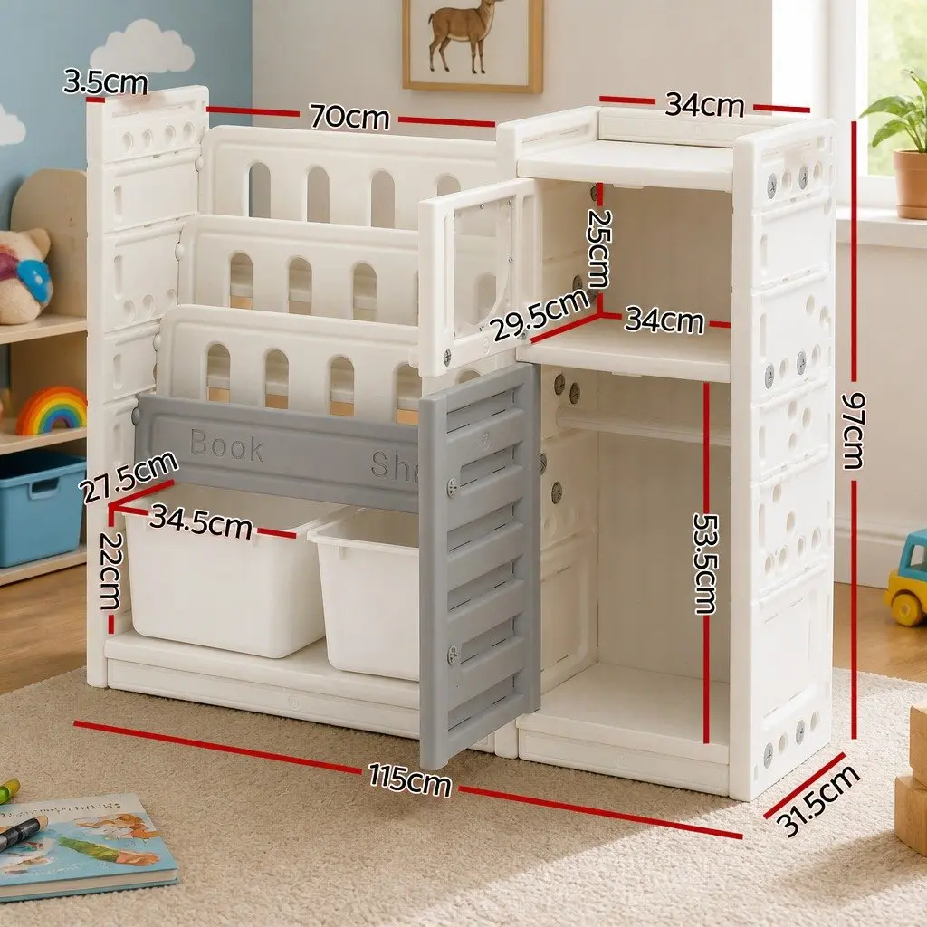 Kids Bookshelf Toy Storage Organizer 3-Tier Shelves Removable Bins Cabinet Doors 115 x 31.5 x 97 cm