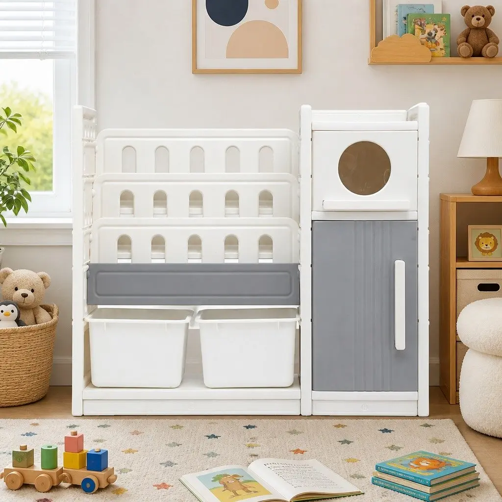 Kids Bookshelf Toy Storage Organizer 3-Tier Shelves Removable Bins Cabinet Doors 115 x 31.5 x 97 cm