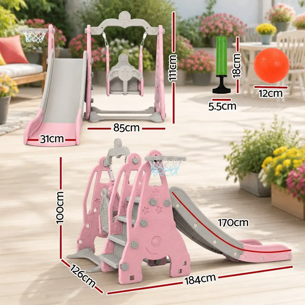Kids Swing Slide Set 3-in-1 Outdoor Play Equipment with Basketball Hoop Blue 184cm x 126cm x 111cm