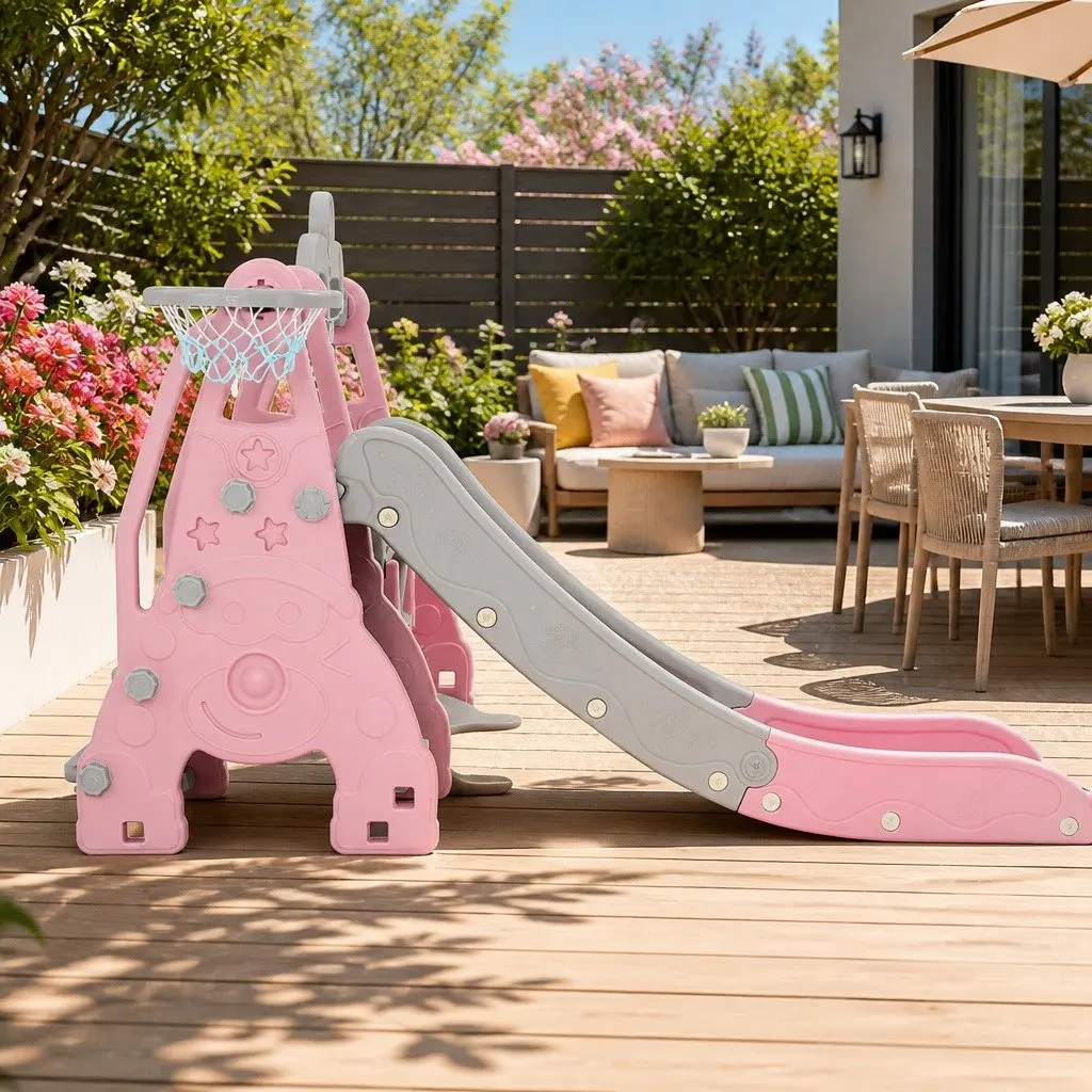 Kids Swing Slide Set 3-in-1 Outdoor Play Equipment with Basketball Hoop Blue 184cm x 126cm x 111cm