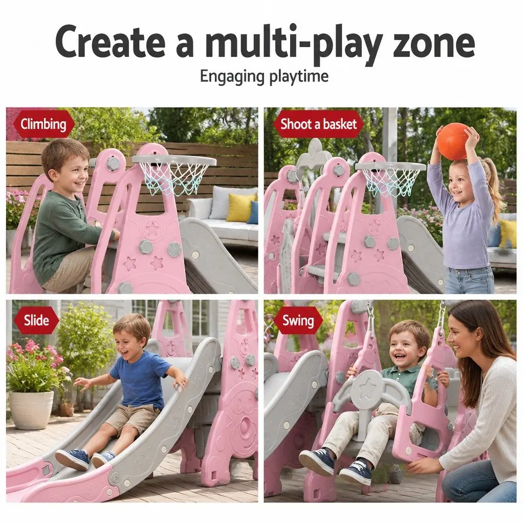 Kids Swing Slide Set 3-in-1 Outdoor Play Equipment with Basketball Hoop Blue 184cm x 126cm x 111cm