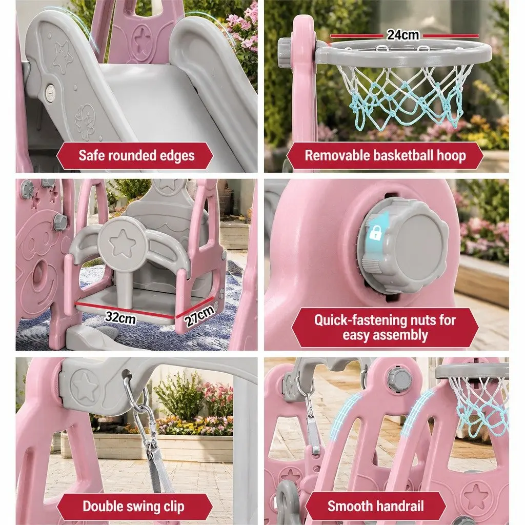 Kids Swing Slide Set 3-in-1 Outdoor Play Equipment with Basketball Hoop Blue 184cm x 126cm x 111cm