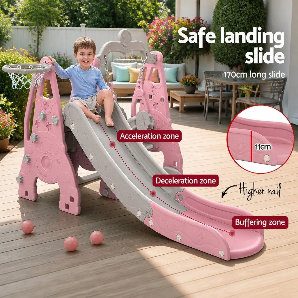 Kids Swing Slide Set 3-in-1 Outdoor Play Equipment with Basketball Hoop Blue 184cm x 126cm x 111cm