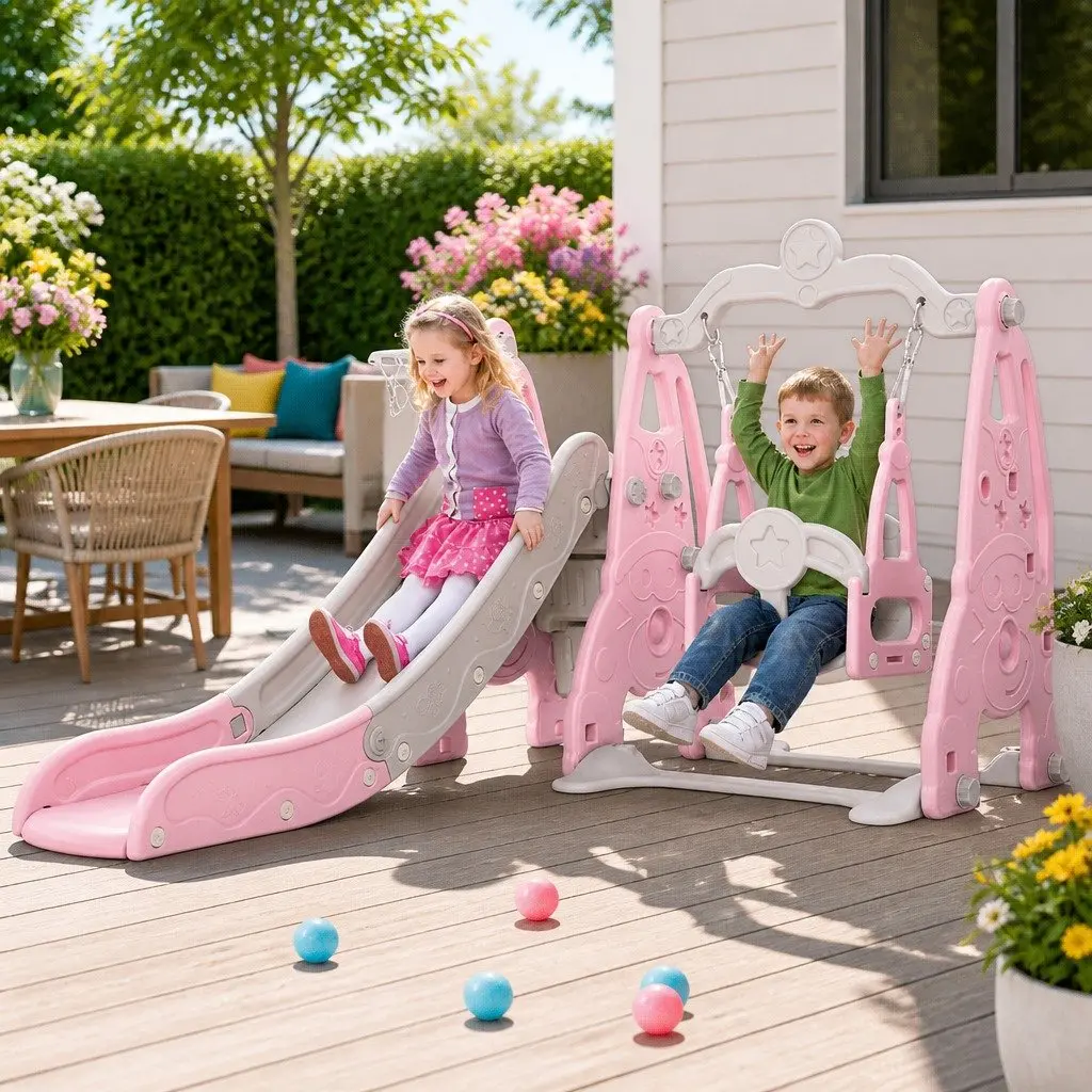 Kids Swing Slide Set 3-in-1 Outdoor Play Equipment with Basketball Hoop Blue 184cm x 126cm x 111cm