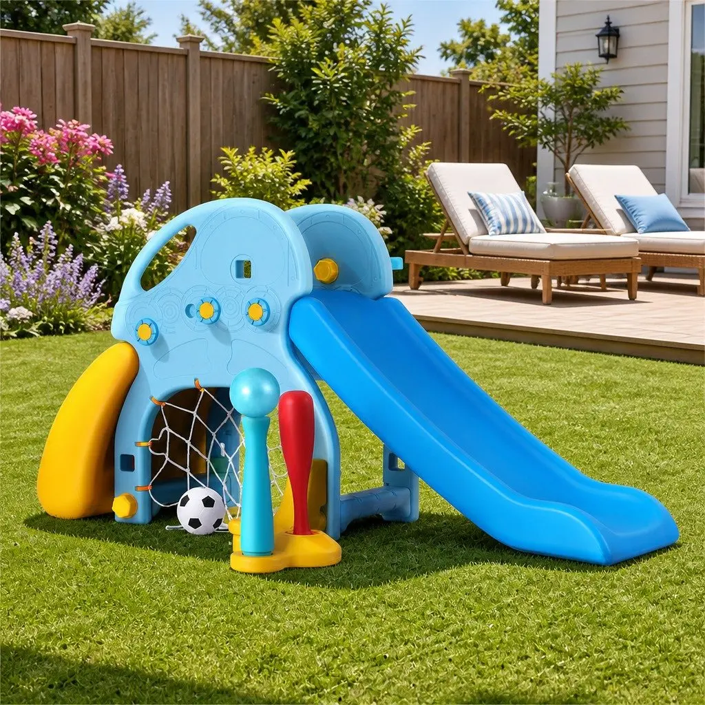 Kids Slide Set 5-in-1 Outdoor Playground Basketball Hoop Batting Game Rock