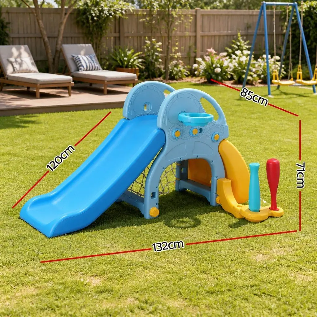 Kids Slide Set 5-in-1 Outdoor Playground Basketball Hoop Batting Game Rock