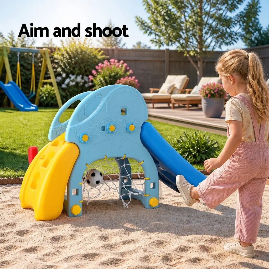 Kids Slide Set 5-in-1 Outdoor Playground Basketball Hoop Batting Game Rock