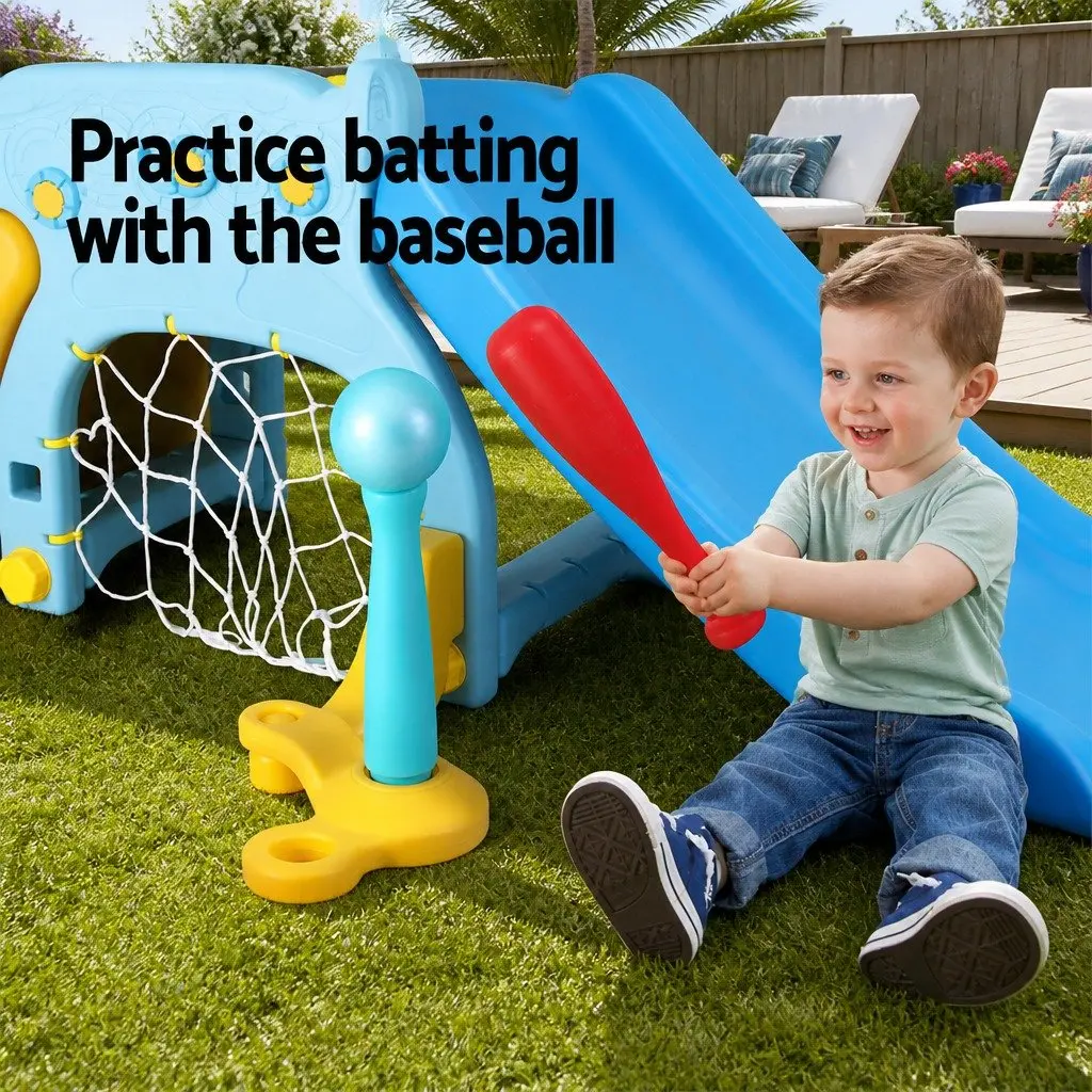 Kids Slide Set 5-in-1 Outdoor Playground Basketball Hoop Batting Game Rock