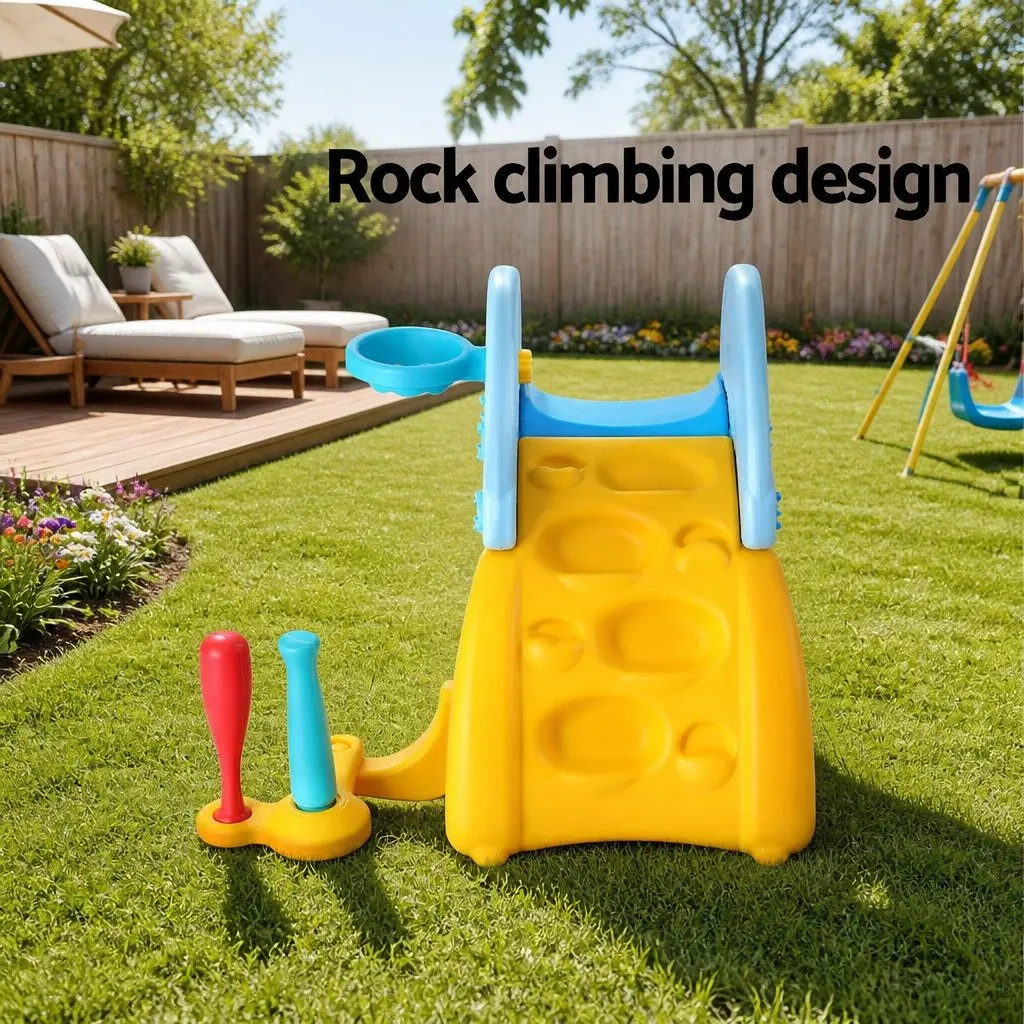 Kids Slide Set 5-in-1 Outdoor Playground Basketball Hoop Batting Game Rock