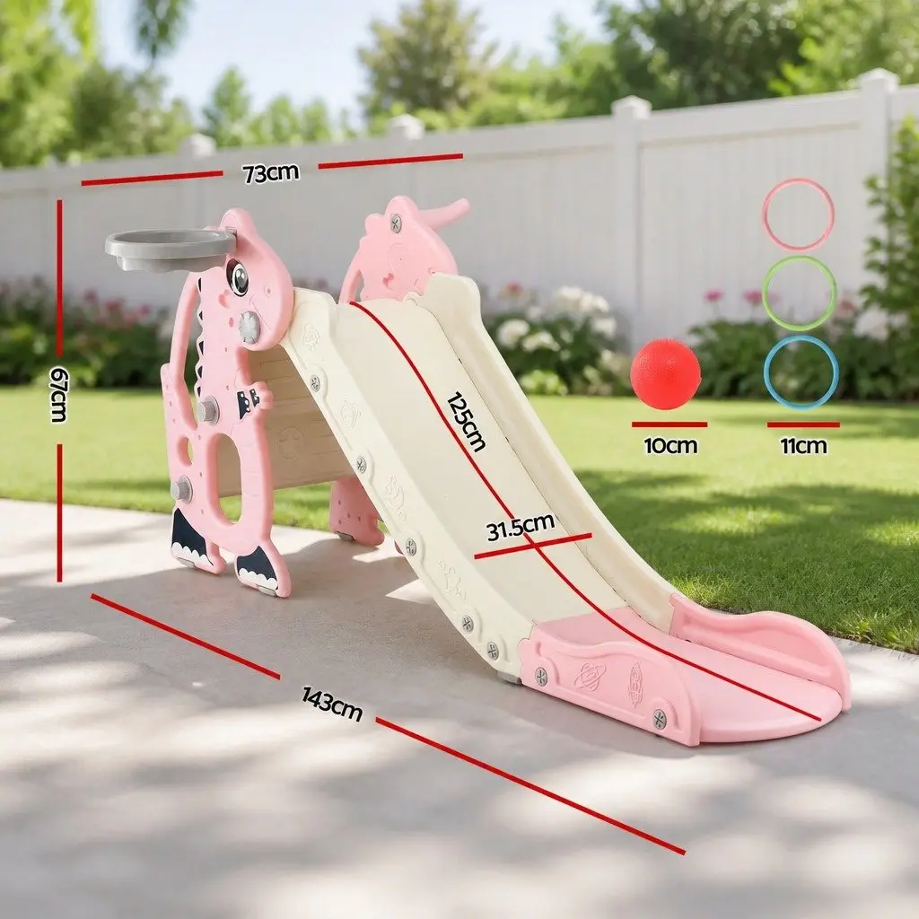 Kids Slide Set with Basketball Hoop Outdoor Playground Dragon Design 125cm Pink
