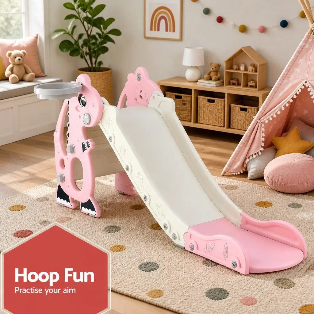 Kids Slide Set with Basketball Hoop Outdoor Playground Dragon Design 125cm Pink