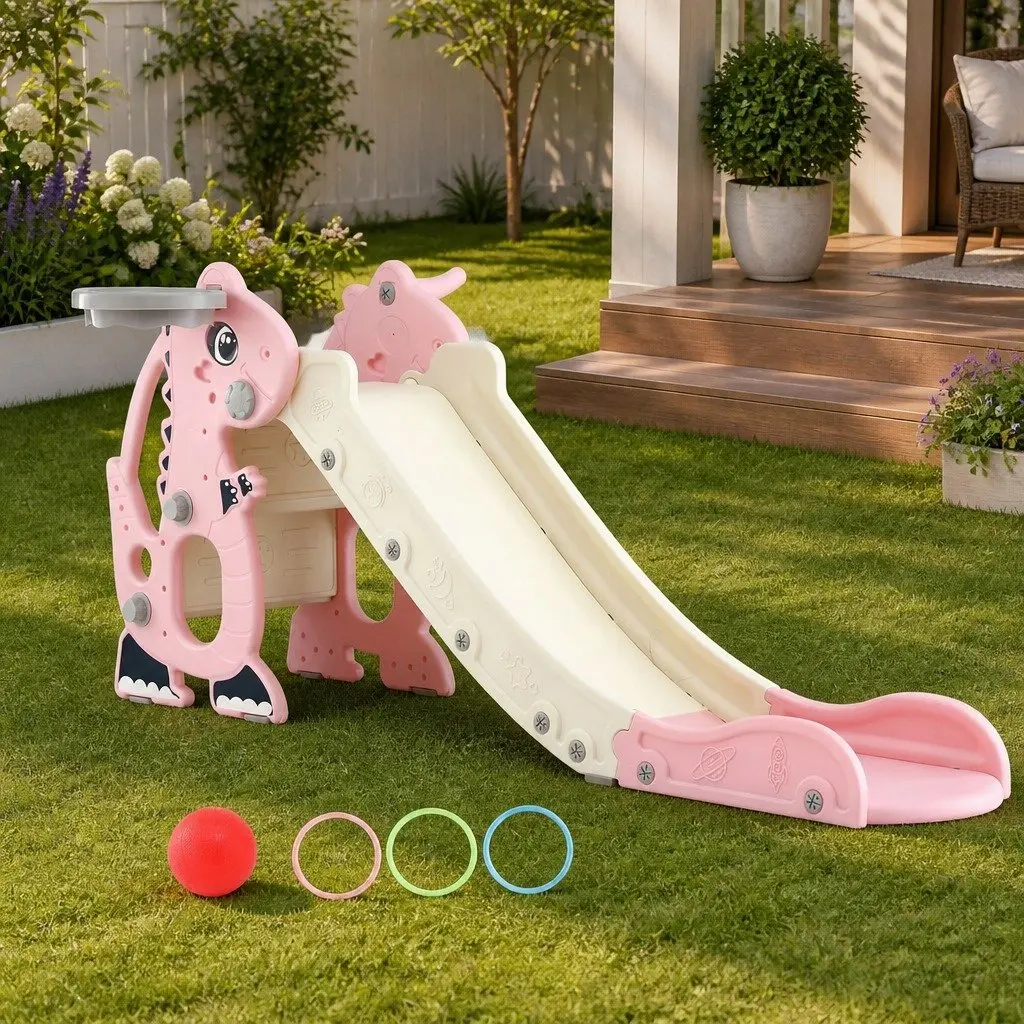 Kids Slide Set with Basketball Hoop Outdoor Playground Dragon Design 125cm Pink