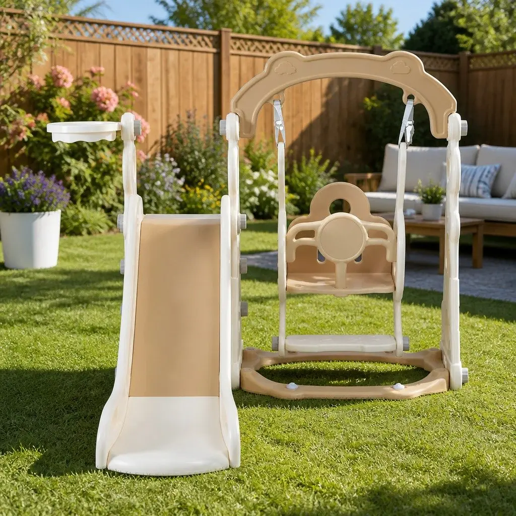 Kids Slide Swing Set with Basketball Hoop Ring Game Outdoor Playground