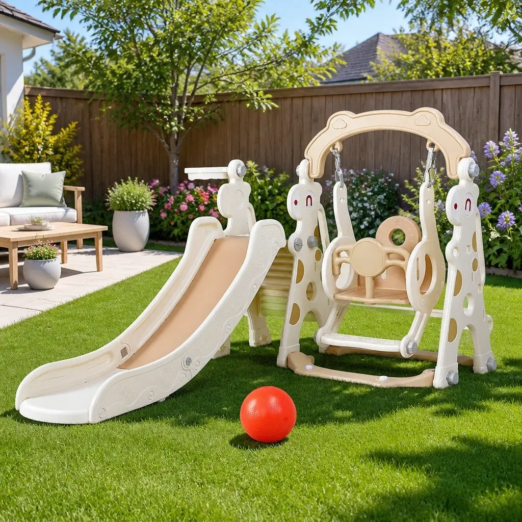 Kids Slide Swing Set with Basketball Hoop Ring Game Outdoor Playground