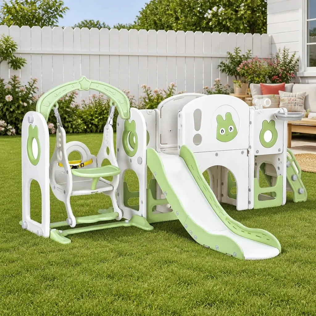 Kids Outdoor Play Equipment 4-in-1 Swing Slide Set with Basketball Hoop 140cm