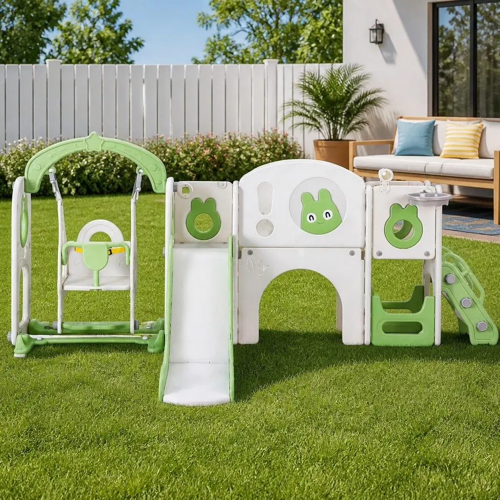 Kids Outdoor Play Equipment 4-in-1 Swing Slide Set with Basketball Hoop 140cm