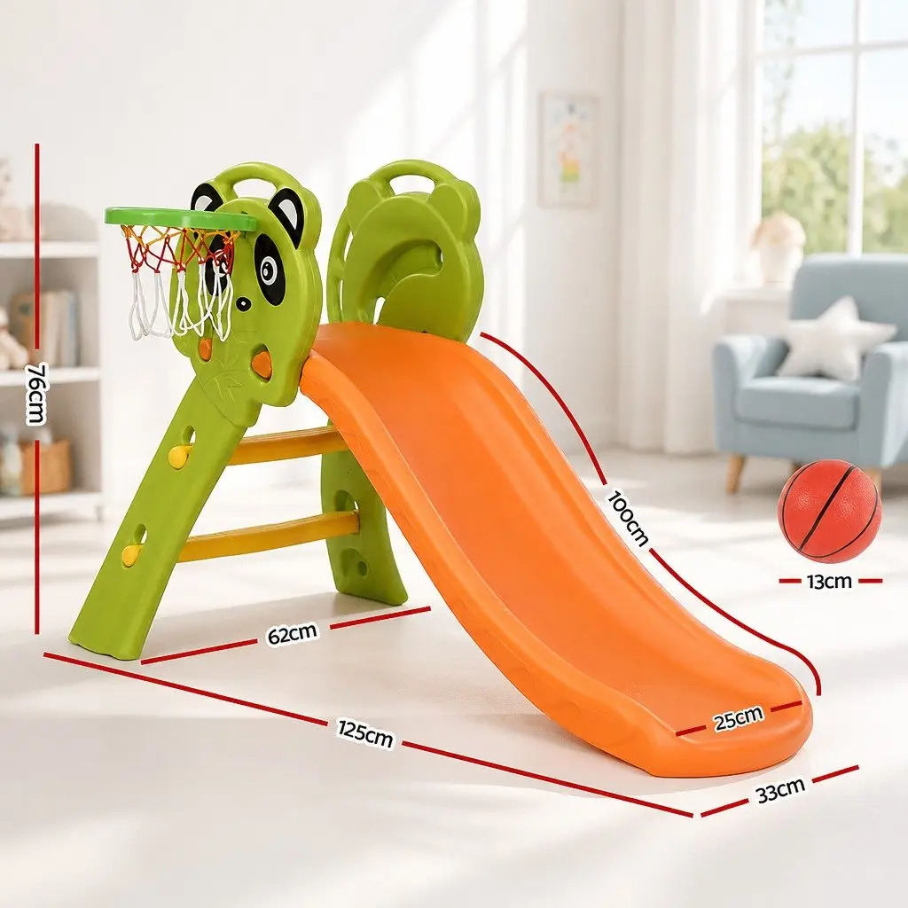 Kids Slide Basketball Hoop Play Set 100cm Indoor Outdoor Orange Green