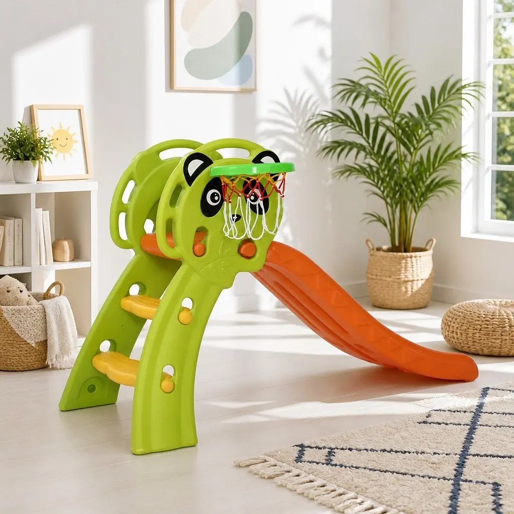 Kids Slide Basketball Hoop Play Set 100cm Indoor Outdoor Orange Green