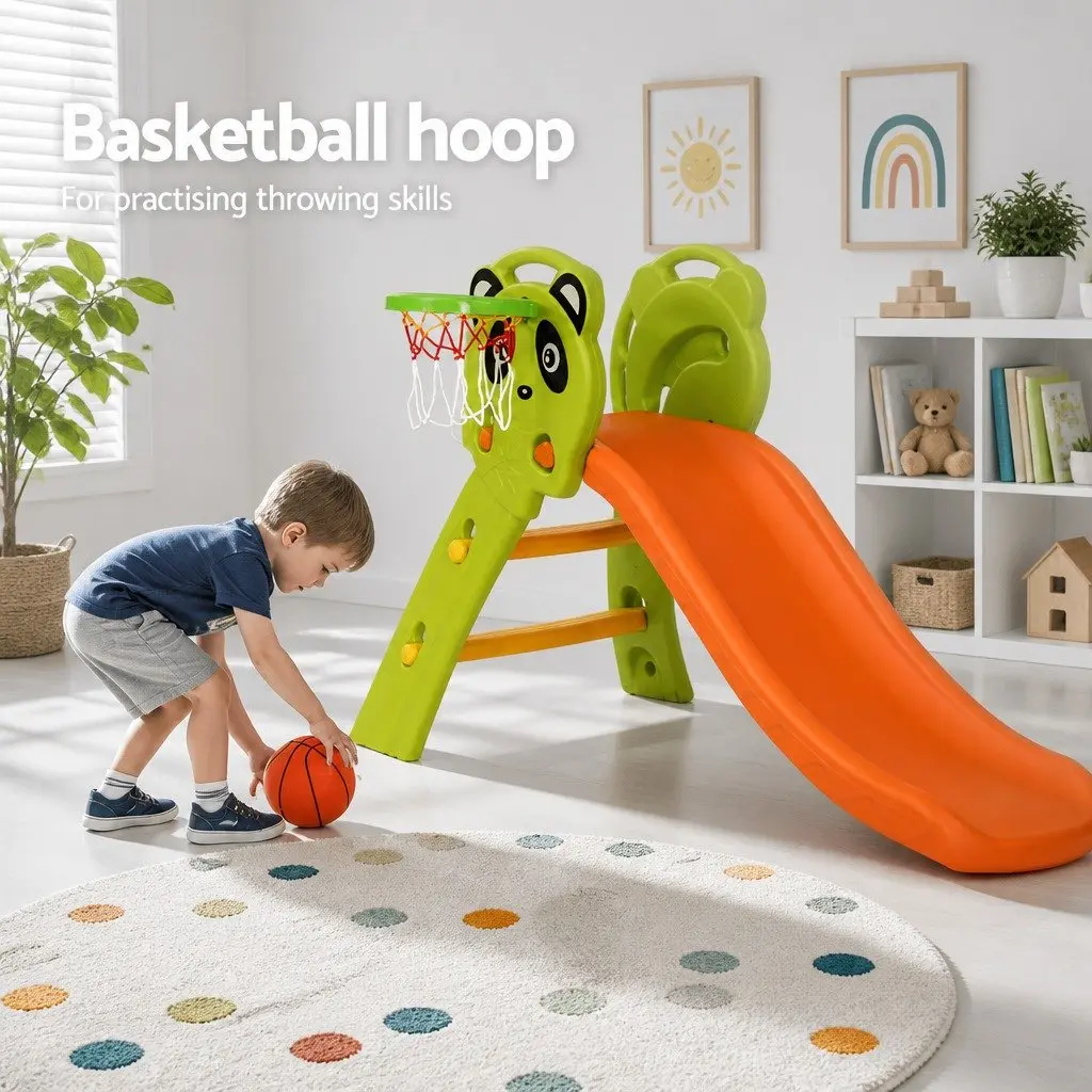 Kids Slide Basketball Hoop Play Set 100cm Indoor Outdoor Orange Green