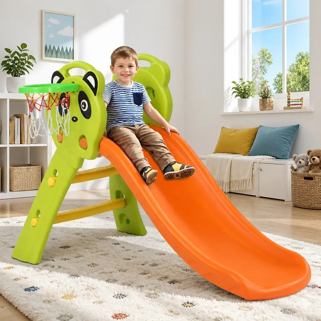 Kids Slide Basketball Hoop Play Set 100cm Indoor Outdoor Orange Green