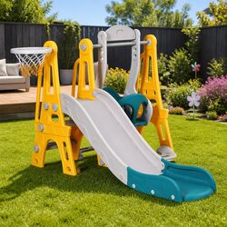 Enjoy Playtime with Kids Slide Swing Set and Basketball Hoop