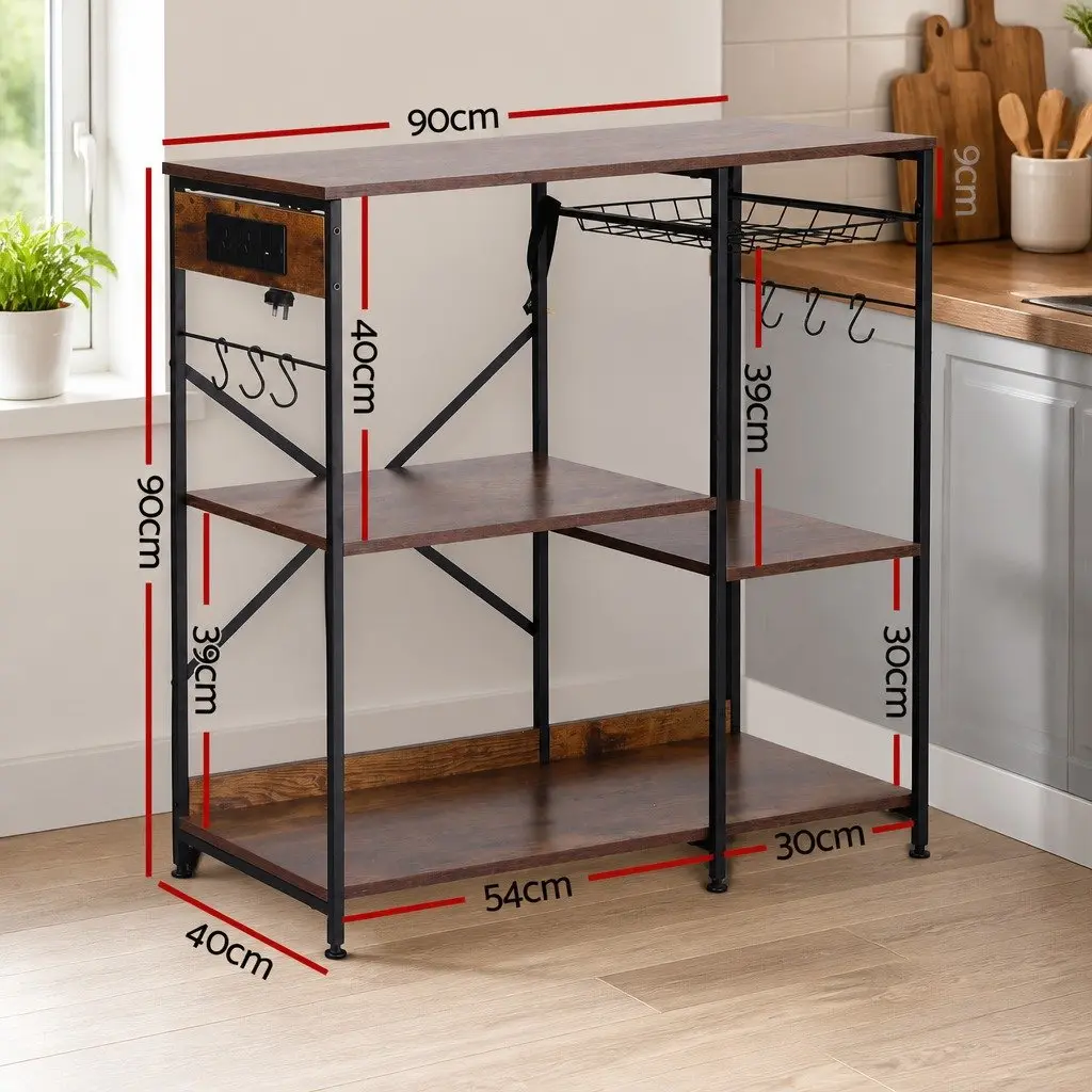 3-Tier Kitchen Storage Rack with Power Outlets and Hooks 90CM